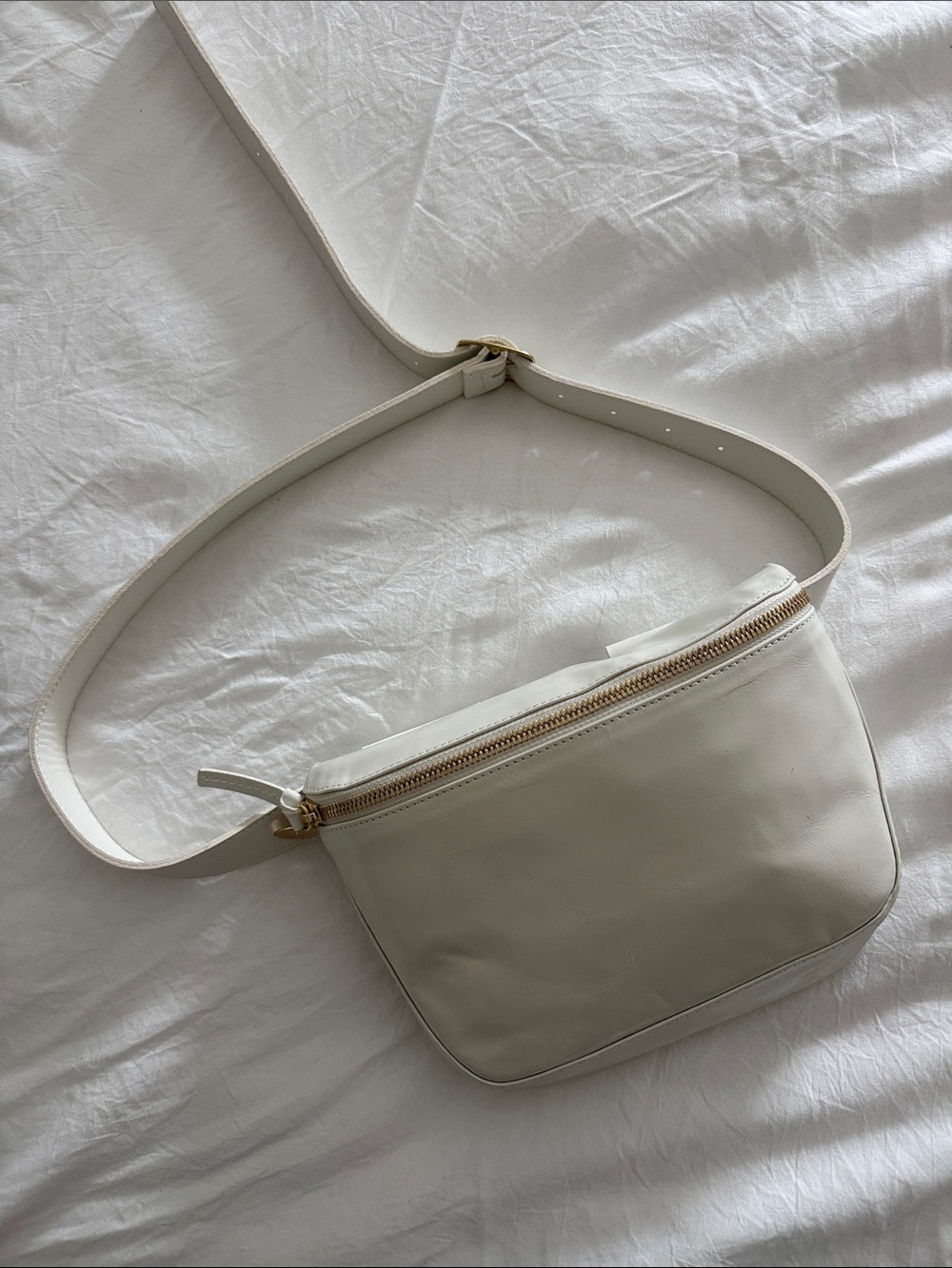 Clare V White Leather Crossbody Belt Bag with Gold Zipper